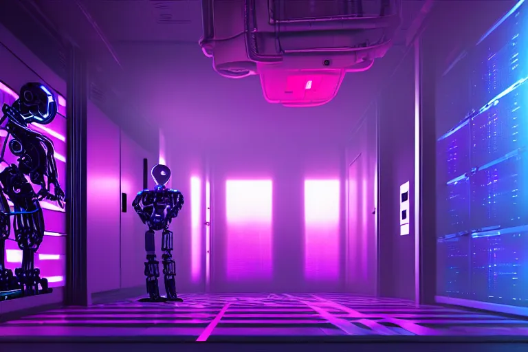 Image similar to realistic robot in a data server room, neon and dark, purple and blue color scheme, dan mumford, inception, blade runner, the fifth element, fisheye, volumetric octane render, by ruan jia and ross tran, malevich