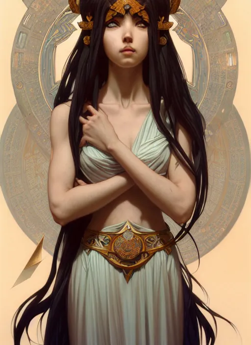 Image similar to portrait from left, head and body only, palutena, piercing eyes, concept art, digital illustration, by rossdraws, frank franzzeta, intricate, masterpiece, elegant, hyper detailed, artstation, unreal engine rendered, concept art, smooth, sharp focus, illustration, art by artgerm and greg rutkowski and alphonse mucha and garis edelweiss