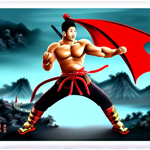 Image similar to Chinese president, battle, bananas weapon, dragon, mountains background, fighting stance, painting