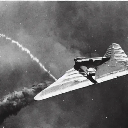 Prompt: highly detailed photograph of a plane being shot out of the sky in ww2, exploding violently, fuselage splitting apart from the impact, historic archive, cinematic