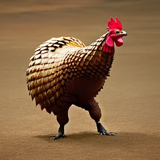 Prompt: a Rooster with the armor of a pangolin, national geographic photograph