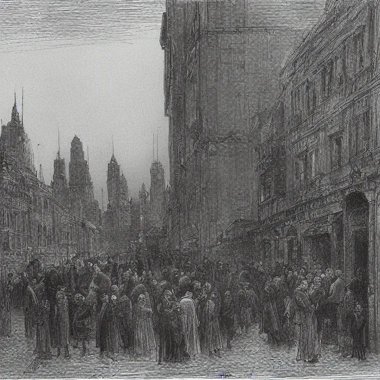 Prompt: some people waiting in a lone bus stop in qiet dark city, by Gustave Doré