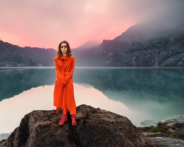 Prompt: color still photo of emma watson at a mountain landscape, lake, orange red sky, fog, mist, rain, full body shot detailed, heavy makeup on face