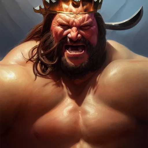 Image similar to richard herring is an incredibly muscular barbarian king looking at you with anger from his throne, highly detailed, digital painting, artstation, sharp focus, illustration, art by artgerm and irakli nadar and greg rutkowski and alphonse mucha