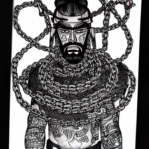 Prompt: samurai wrapped in chains ,ink art