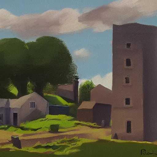 Image similar to painting of a small town in rural Ireland in the style of Aleksander Rostov