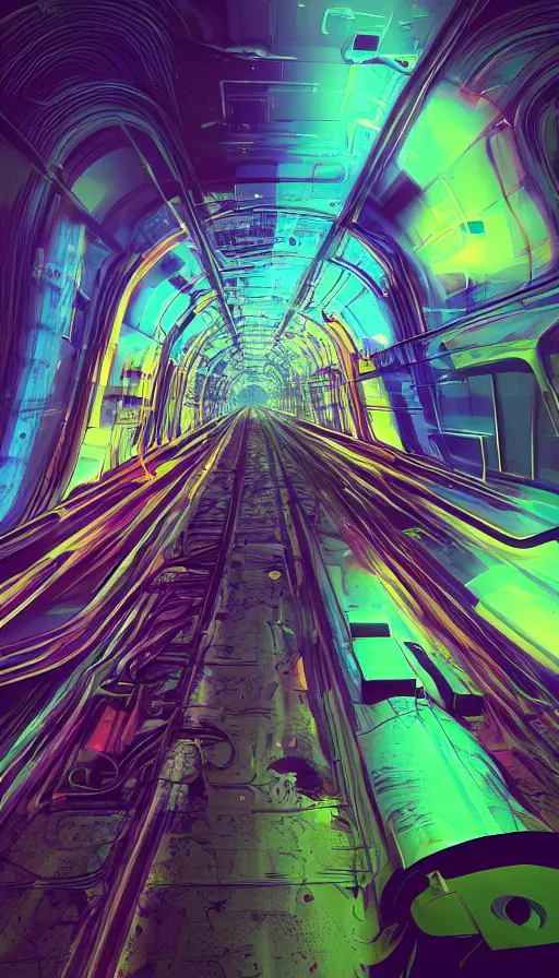 Prompt: a train driving through a psychedelic tunnel, by beeple,