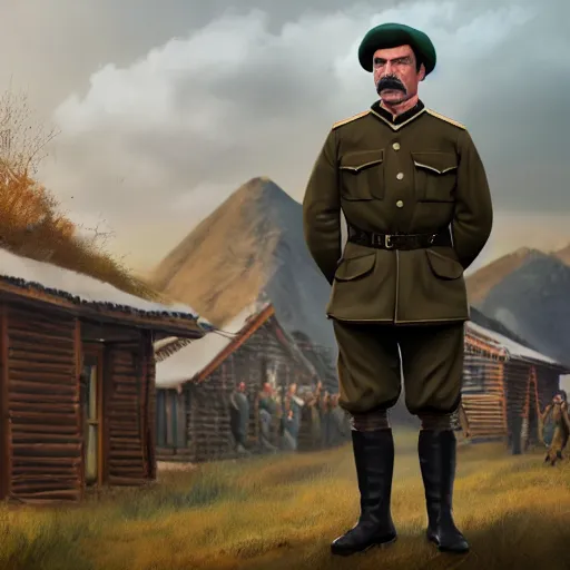 Prompt: fullbody of standing tom selleck, wearing khaki short simple russian ww 1 clothes and blue pants in black fur beanie, russian thach houses at background, style ivan talavera and artgerm, radiant lighting, hyper realistic, photorealistic, octane render, trending on artstation, cgsociety, cinematic light, global illumination, high detailed face