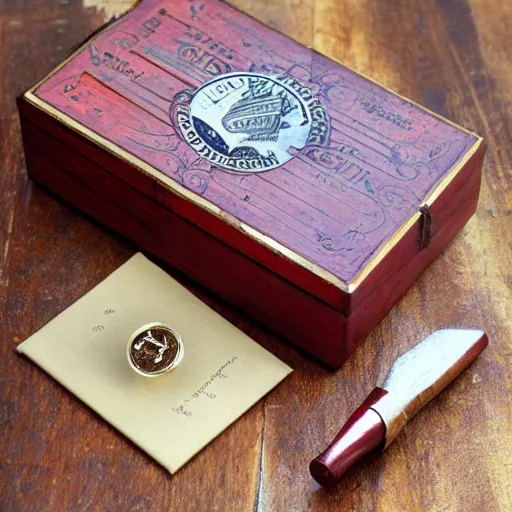 Image similar to vintage gift box for men, stamped with sealing wax, old school, wes anderson style