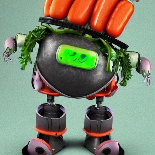 Image similar to robot made of vegetables with tomato head and a carrot sword, made in abyss style