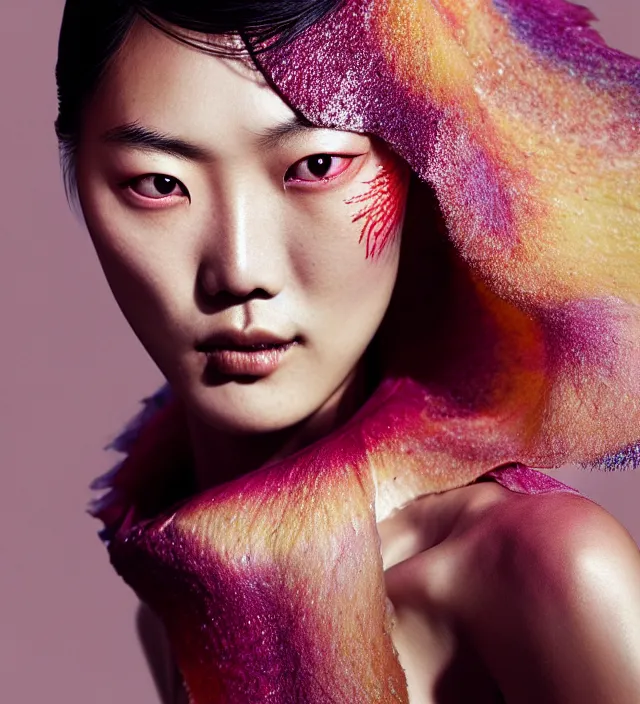 Image similar to photography facial portrait of liu wen, natural background, sensual lighting, natural fragile pose, wearing stunning cape by iris van herpen, with a colorfull makeup. highly detailed, skin grain detail, photography by paolo roversi, nick knight, helmut newton, avedon, araki