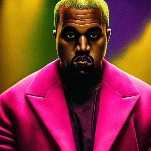 Image similar to Portrait of Kanye West with the joker makeup, splash art, movie still, cinematic lighting, dramatic, octane render, long lens, shallow depth of field, bokeh, anamorphic lens flare, 8k, hyper detailed, 35mm film grain