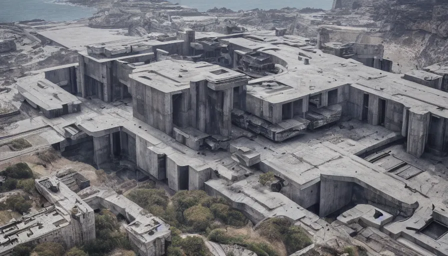 Image similar to big brutalist imperial military base on cliffs, drawing architecture, very long shot, top angle, imperial architecture in rogue one, pritzker architecture prize, brutalism architecture, jan urschel