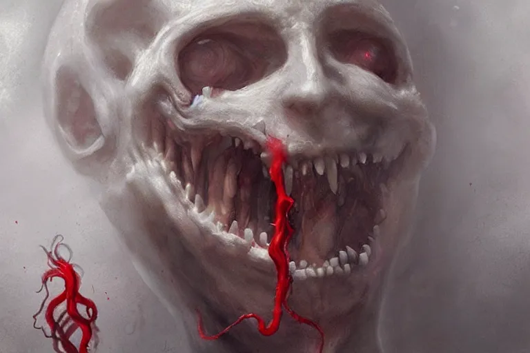 Image similar to painting by greg rutkowski of a floating human head and face that is chalk white in color, with tentacles coming downwards of the neck, red eyes, flying in a terrying hell like cavernous place