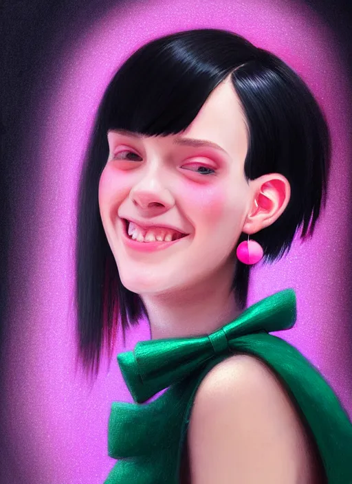 Image similar to portrait of teenage girl, realistic, black hair, bangs, half updo hairstyle, pointy nose, skinny, smile, ugly, defined jawline, big chin, pink hair bow, earrings, intricate, elegant, glowing lights, highly detailed, digital painting, artstation, sharp focus, illustration, art by wlop, mars ravelo and greg rutkowski