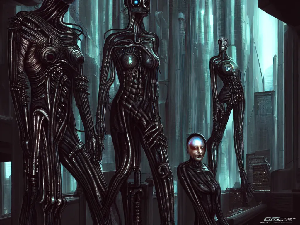 Image similar to a couple of people that are next to each other, cyberpunk art by h. r. giger, featured on cgsociety, fantasy art, lovecraftian, deviantart, daz 3 d