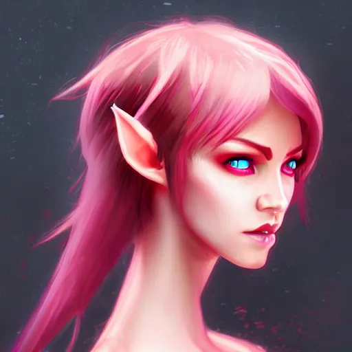 Image similar to half elf woman, dungeons and dragons, beautiful, short pink hair, deep crimson eyes, digital art, smooth, character drawing, focused portrait, artstation, highly detailed, symmetry