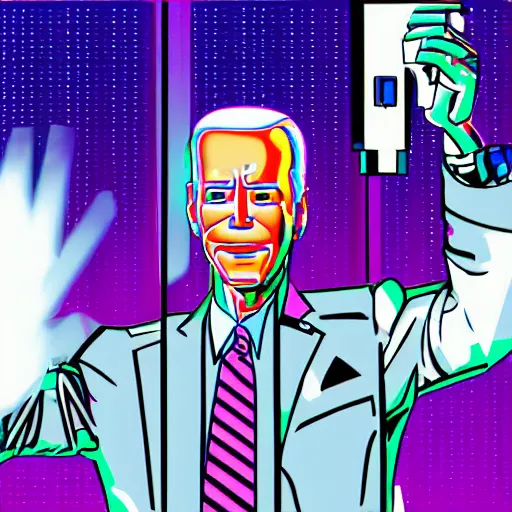 Prompt: A cyberpunk cybernetically-enhanced android Joe Biden giving a speech to a city, pop art, synthwave, painting