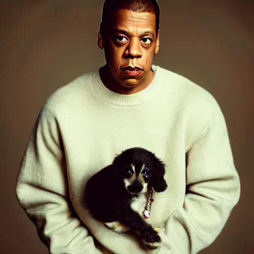 Image similar to JAY Z holding a puppy for a 1990s sitcom tv show, Studio Photograph, portrait C 12.0