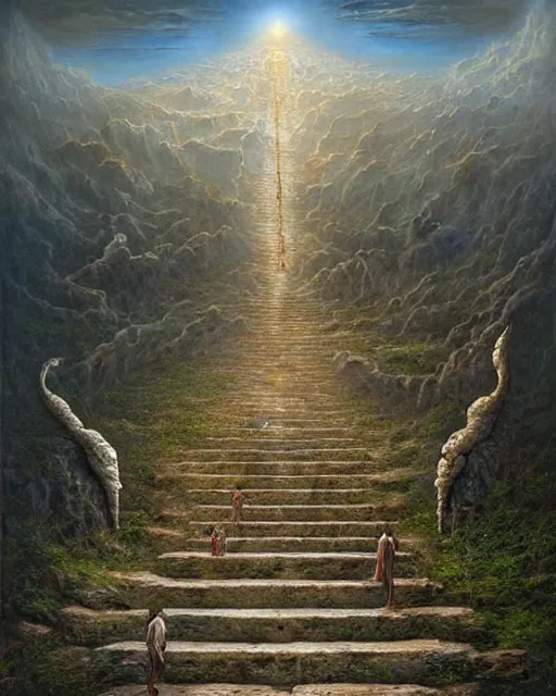 Image similar to Stairway to heaven by Tomasz Alen Kopera and salvator Dali and greg rutkowski, impressive perspective, I can't believe how detailled this is, masterpiece