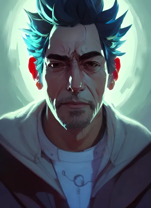 Image similar to portrait of rick sanchez, intricate, headshot, key visual, conceptart, ambient lighting, highly detailed, digital painting, artstation, concept art, sharp focus, by makoto shinkai and akihiko yoshida and greg manchess