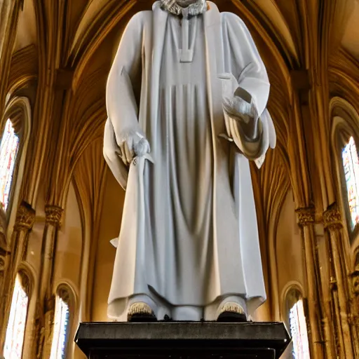 Prompt: marble statue of walter white in a beautiful gothlic, catholic church, low angle shot, wide of church, cinematic, beautiful, high definition, 4 k