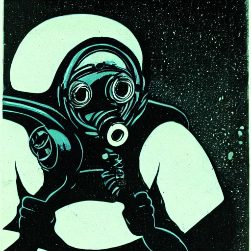 Image similar to ghost scuba diver wearing copper four light, twelve bolt diving helmet, heavy diving gear, emerging from the ocean at night in the style of ghost of captain cutler