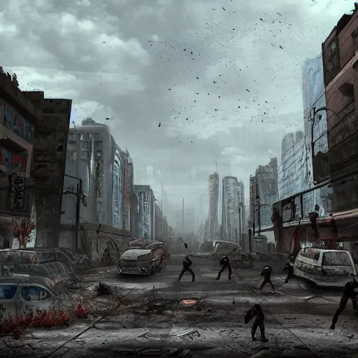 Image similar to a streetview of a post-apocalyptic city, infested with zombies, cinematic