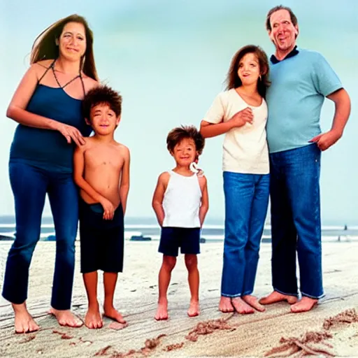 Prompt: portrait of a happy family at the beach wearing clothes, outdoor lighting, realistic, smooth face, perfect eyes, wide angle, sharp focus, high quality, professional photography, photo by annie leibovitz, mark mann