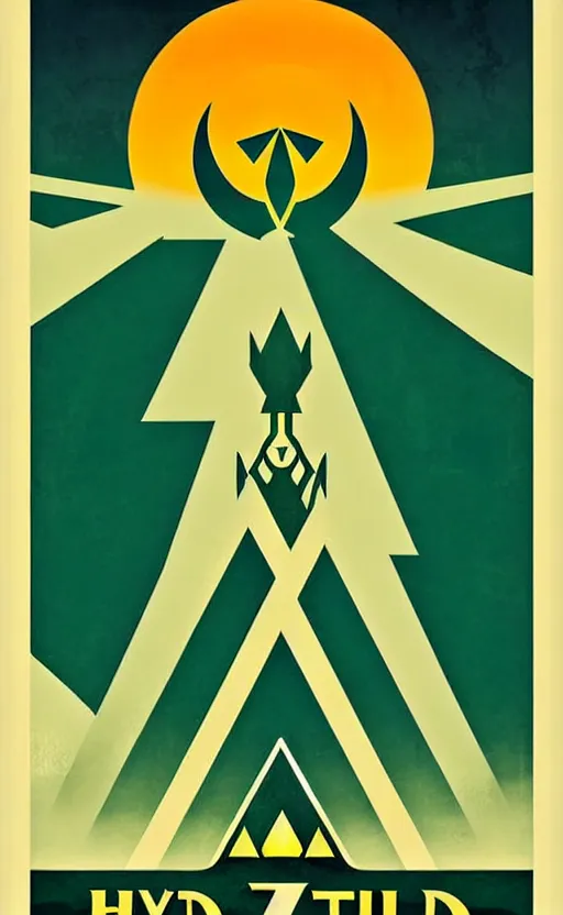 Image similar to art deco travel poster. hyrule field legend of zelda ocarina of time