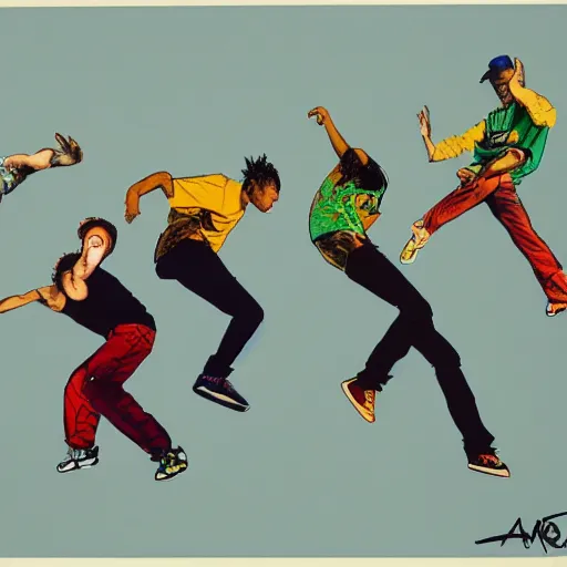 Image similar to four breakdancers battling in the bronx in 1984, by Andy Warhol, gritty, energetic, hyperrealistic, intricate, Moody lightning, trending on artstation