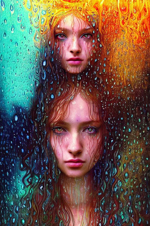 Image similar to portrait of a girl in psychedelic LSD rain with wet hair and face, fantasy, intricate, elegant, dramatic lighting, emotionally evoking symbolic metaphor, highly detailed, lifelike, photorealistic, digital painting, artstation, concept art, smooth, sharp focus, illustration, art by John Collier and Albert Aublet and Krenz Cushart and Artem Demura and Alphonse Mucha