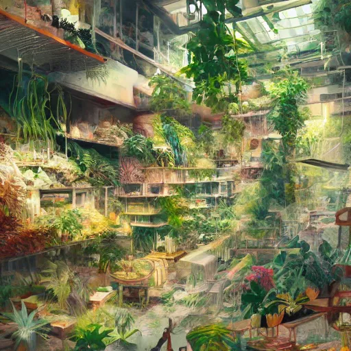 Image similar to messy cozy store with cluttered hanging cages and bright aquariums, dense verdant foliage, dim painterly lighting, impasto, trending on pixiv