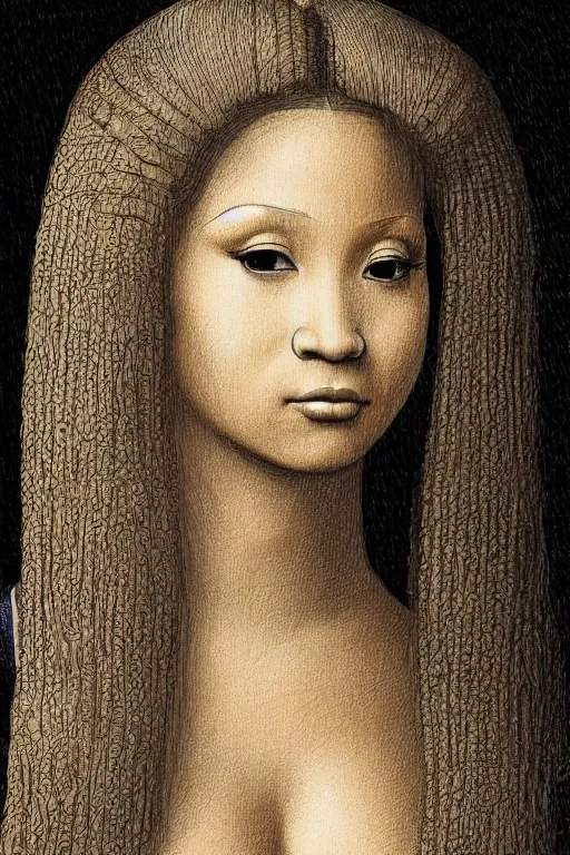 Image similar to a portrait of nicki minaj in the style of leonardo da vinci drawing,, single head, no double head,