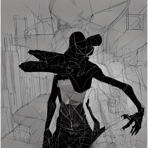 Image similar to concept art character, very high angle view, book cover, walking in cyberpunk valley, highly detailed full body, smooth, sharp focus, organic, appealing, book cover, deep shadows, by Dave McKean sketch lineart for character design