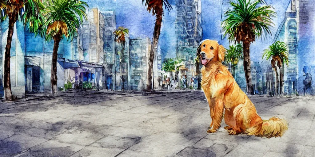 Image similar to portrait golden retriever dog standing in tel aviv street looking at the camera. palm trees. optimistic. digital art. watercolor. highly detailed. drawing. art. colorful. fluffy