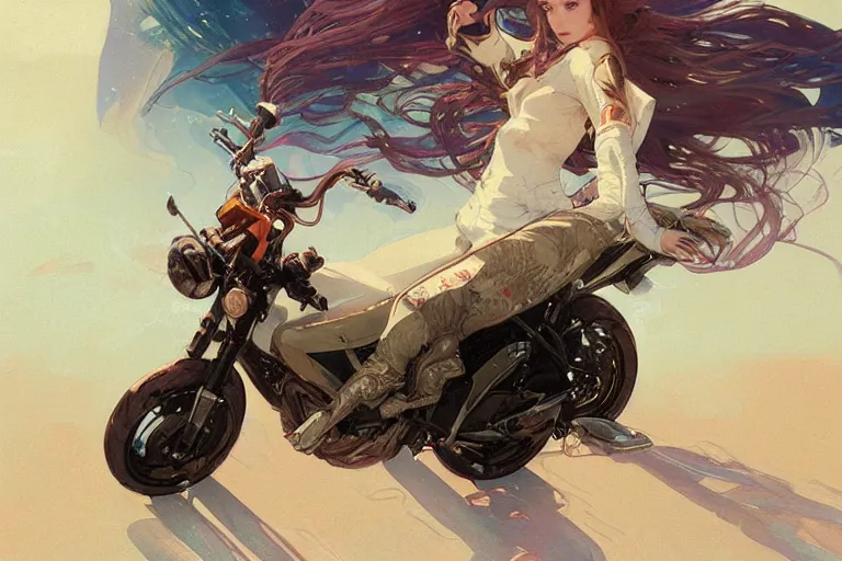 Image similar to a girl is riding a motorbike, digital painting, artstation, the space background,concept art, sharp focus, illustration, art by Krenz Cushart and Artem Demura and alphonse mucha