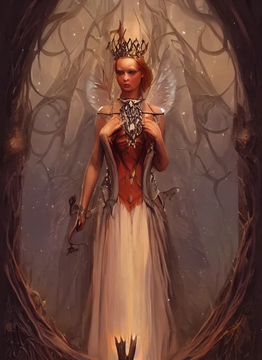 Image similar to tarot!!, fairy queen, fantasy medieval, no noise, elegant, concept art, sharp focus, beautiful face!!, digital art, smooth defined outlines!!, by Brom, trending on Artstation, Tom Bagshaw, Sargent