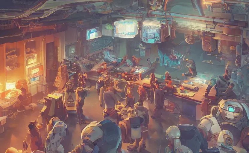 Image similar to a bounty hunter bar in a space opera studio ghibli animated film, global illumination, beautiful composition, volumetric lighting, octane render by artgerm, loish, alena aenami, highly detailed