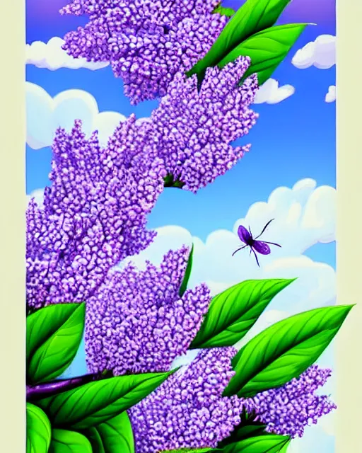 Image similar to lilac flowers, lilac blooms, spring, blue sky, may bug, white clouds, romanticism, the art style and print