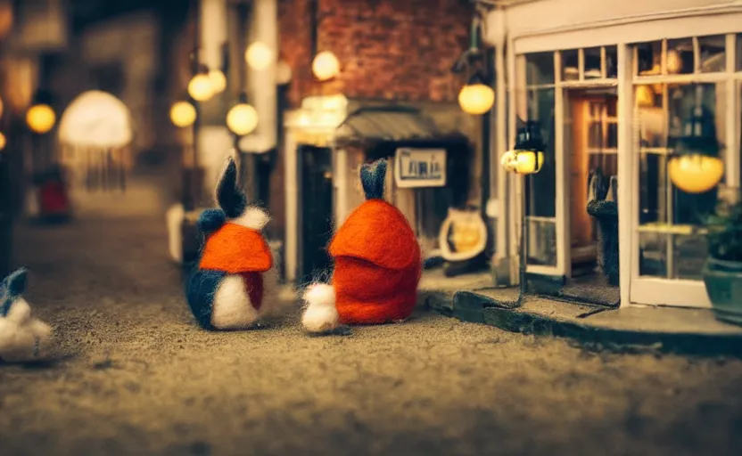 Image similar to miniature cafe diorama macro photography, cafe with felted bunnies, alleyway, ambient, atmospheric, british, cozy, bokeh, romantic, colorful lanterns