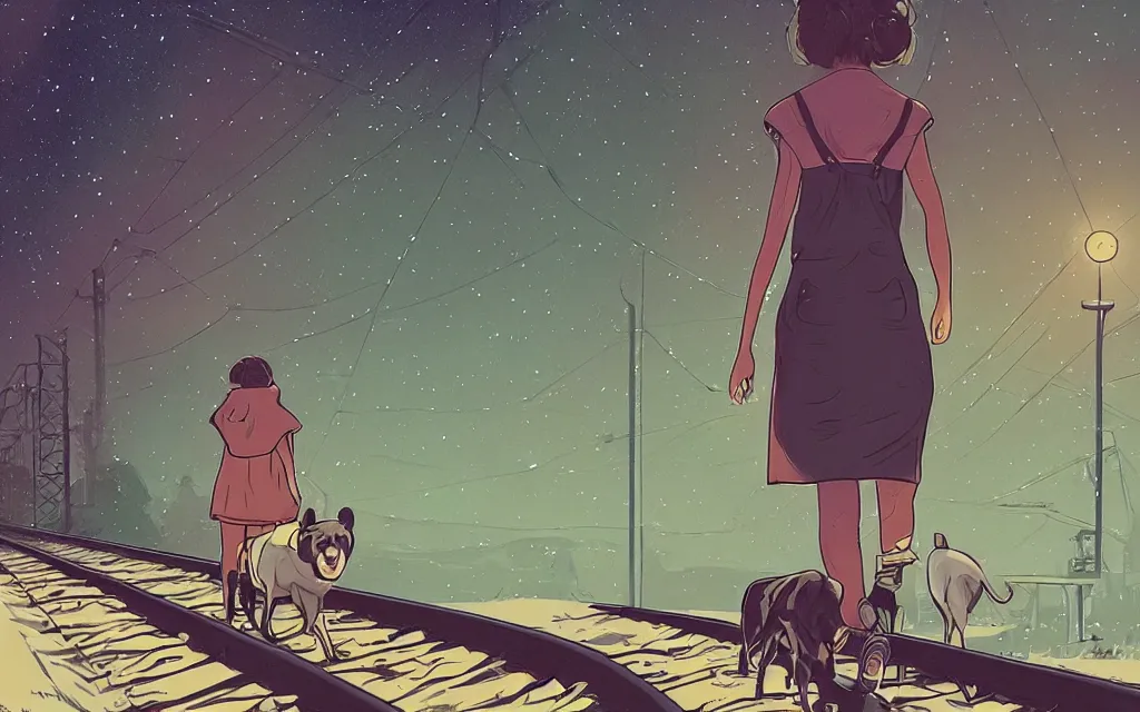 Image similar to very detailed, prophet graphic novel, ilya kuvshinov, mcbess, rutkowski, simon roy, illustration of a girl walking down train tracks with her dog, wide shot, colorful, deep shadows, astrophotography, award winning