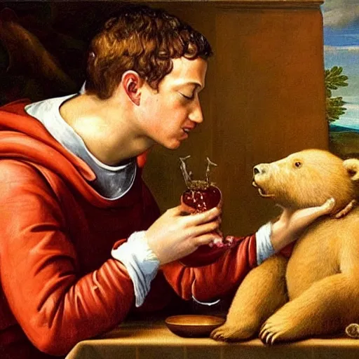 Prompt: renaissance painting of mark zuckerberg eating dinner with a bear