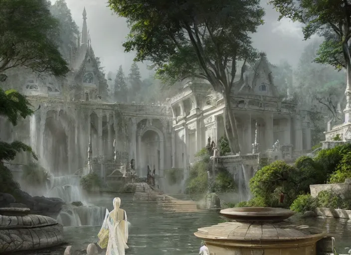 Image similar to A bathhouse with flowing water in a beautiful elven city made of white marble, anime, lush trees, fountain, a fantasy digital painting by Greg Rutkowski and James Gurney, trending on Artstation, highly detailed
