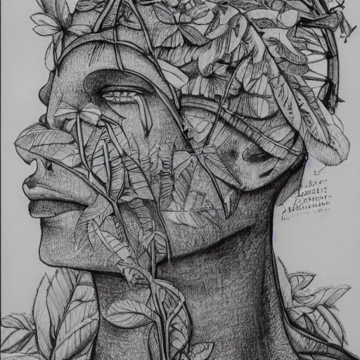 Image similar to botanical sketch of The thinker sculpture with a mechanical/cybernetic head, mushrooms and peyote/san pedro at the base, surrounded by a lush jungle and morning glory vines, high detail, b&w,