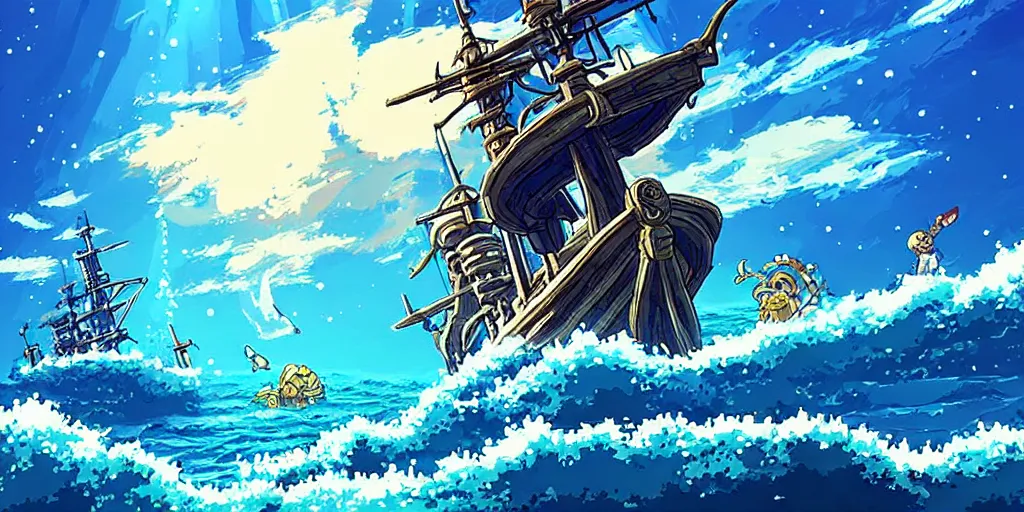 Prompt: hd pixel art beautiful pirates battles in the ocean botw-studio-ghibli-interstellar-dinotopia #art #distinct #cinematic-composition