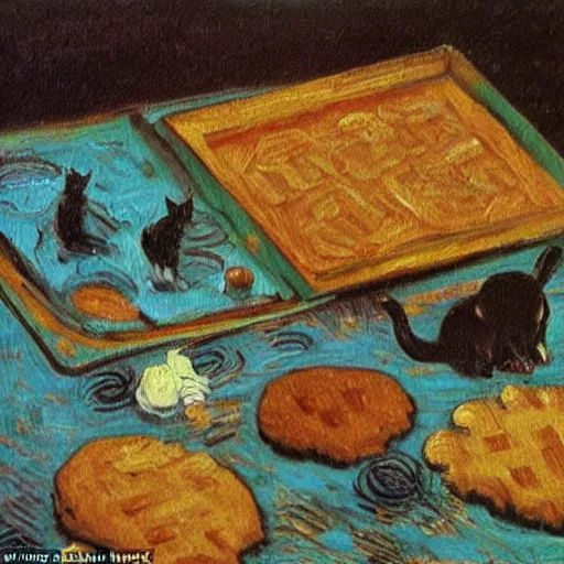 Image similar to an oil painting of a cat baking cookies in the style of van gogh, matisse, caravaggio and raphael