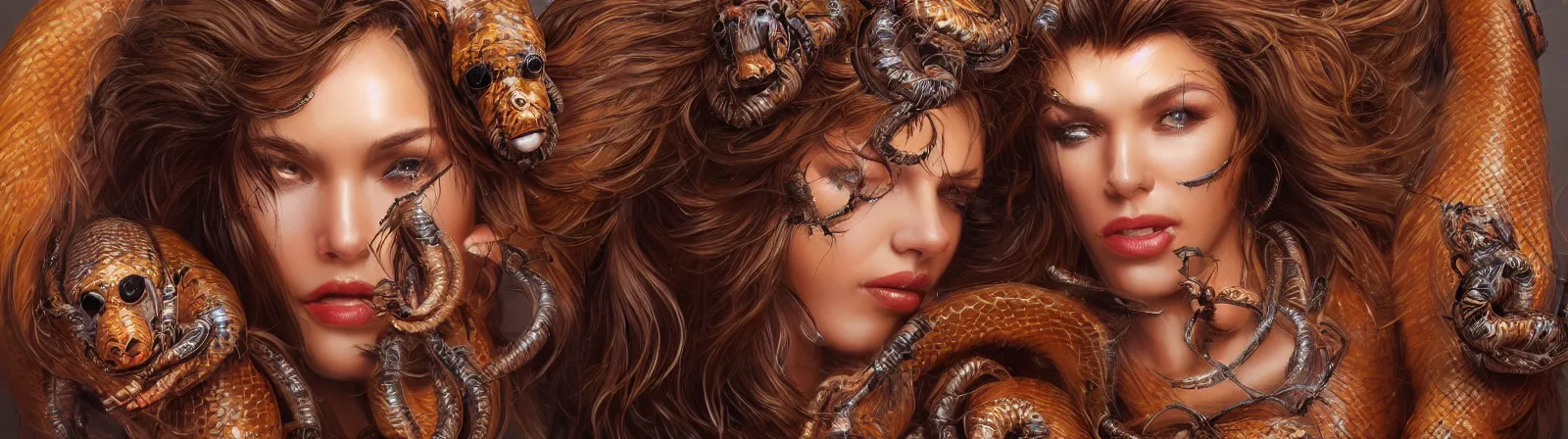 Prompt: beauty woman wrapped in bear fur, snakes for hair, detailed face, surrounded by spiders, very detailed, dramatic lighting, detailed mechanical hands, electrical details, high details, 4k, 8k, trending on artstation, by Hajime Sorayama and Boris Vallejo