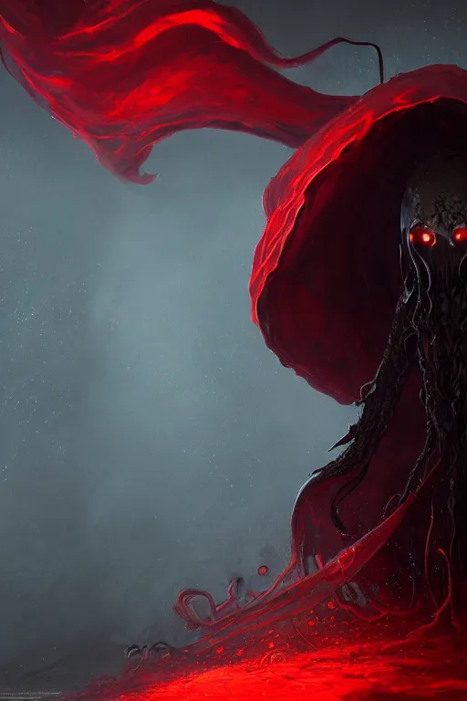 Image similar to A full body portrait of a mysterious character with no face with a very long hooded blood red and black cloak, a golden crown floating above his head tentacles coming out the ground art by James Paick, and Shaddy Safadi, ominous, cosmic horror, trending on artstation, Ultra detailed, hyper realistic 4k