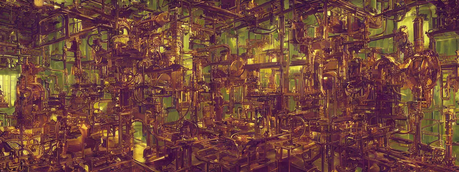 Image similar to a super high resolution film still of machine apparatus for making snake oil, huge copper machine with purple and green intricate pipework, art by andrey remnev, and bruce pennington, directed by denis villeneuve, cinematography by robby muller, kodachrome 8 k, snake machine, cinematic lighting